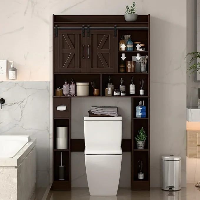Over The Toilet Storage Cabinet, Farmhouse Toilet Cabinet Rack with Barn Doors, Space Saving Bathroom Organizer with Shelves, Toilet Paper Holder and Towel Rack for Bathroom,Restroom,Laundry,Walnut - ModernBath