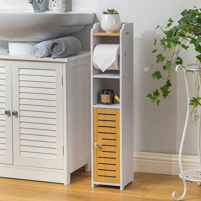 AOJEZOR Toilet Paper Holder Stand: Small Bathroom Storage Cabinet- White&Bamboo - ModernBath
