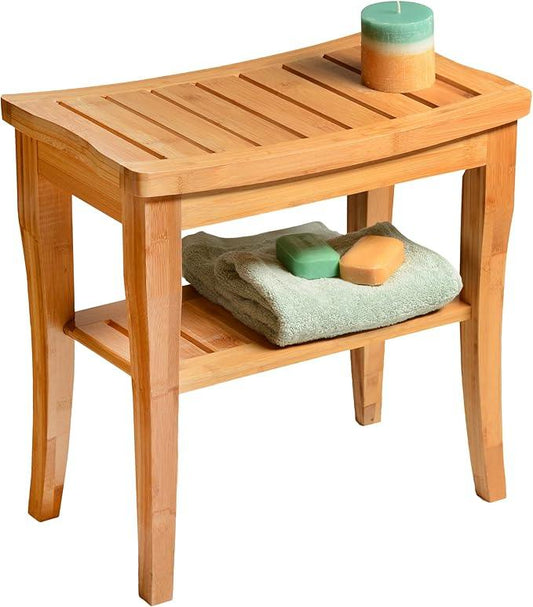 Bamboo Shower Bench - Small Wooden Shower Stool with Storage Shelf, Non-Slip Bathroom Seat, Spa Decor Bath Bench, Foot Rest Shaving Stool for Shower, Indoor Outdoor Use, Great Gift Idea (17" x 9 x 17) - ModernBath