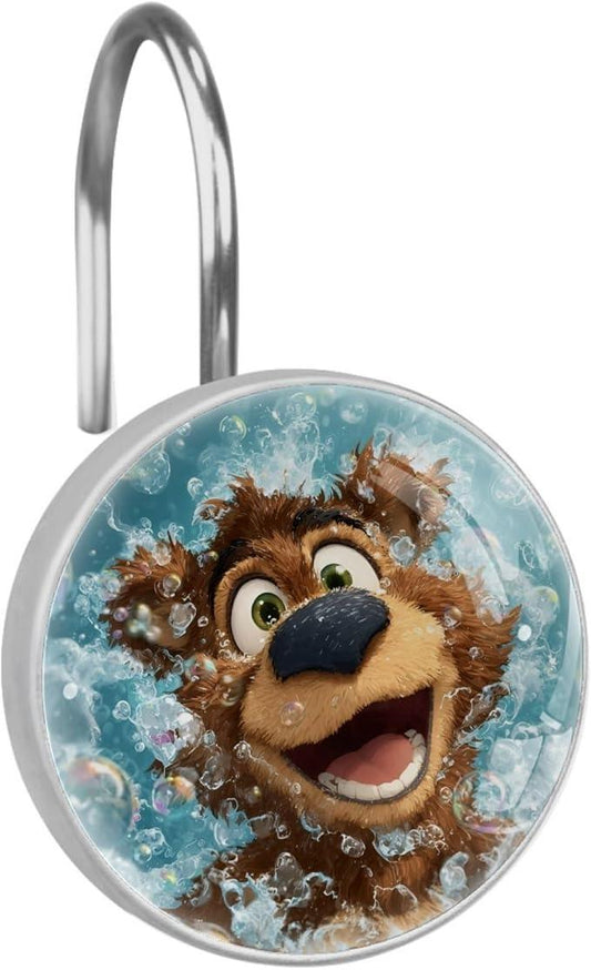 Cartoon Brown Bear and Bubbles Shower Curtain Hooks 12Pcs, Decorative Rust Resistant Shower Rings for Shower Curtain Rods, Stainless Steel Round Curtain Hooks for Bathroom, Bedroom, Farmhouse - ModernBath