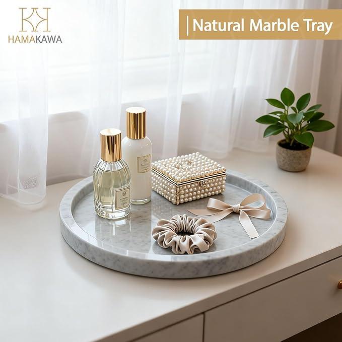 HAMAKAWA Natural Marble Bathroom Vanity Tray, Large Round Sink Tray 9.5 inch, Carrara White Limestone Dresser Tray, Modern Countertop Organizer for Soap Dispenser, Kitchen Counter, Home Decor - ModernBath