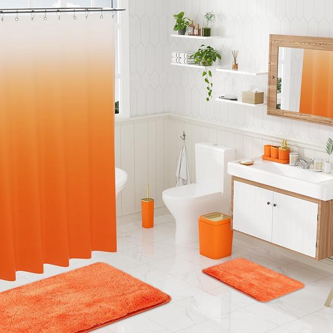 XLHOMO Bathroom Set - Orange Bathroom Sets with Shower Curtain and Rugs, 24PCS Shower Curtain Set with Hooks, Soap Dispenser, Soap Dish, Toilet Brush Holder and Trash Can for Housewarming - ModernBath