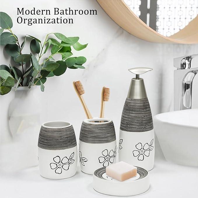 CERBIOR Bathroom Accessories Set,4 Pcs Ceramic Bathroom Decor Accessory,Includes Toothbrush Holder, Toothbrush Cup, Soap Dish for Decorative Countertop and Housewarming Gift, (White Flower) - ModernBath