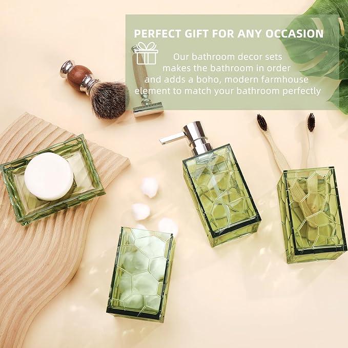 GAHEFY Green Bathroom Accessories Set with Toothbrush Holder, Soap Dispenser, Tumbler, Soap Dish, Sage Green Bathroom Decor, Acrylic (Green-4pcs) - ModernBath