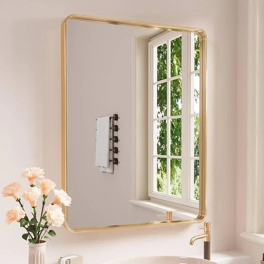 JISOSO Gold Bathroom Mirror, 20x30 Inch Brushed Gold Metal Frame Mirror for Wall, Rounded Rectangle Bathroom Vanity Mirror, Tempered Glass, Anti-Rust, Horizontal/Vertical - ModernBath