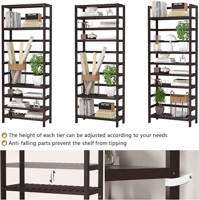 Homykic 6-Tier Bamboo Bookshelves and Bookcases, Adjustable 63.4”Tall Shallow Book Shelf Organizer Rack, Freestanding Storage Shelving Unit for Living Room, Kitchen, Bathroom, Office, Espresso - ModernBath