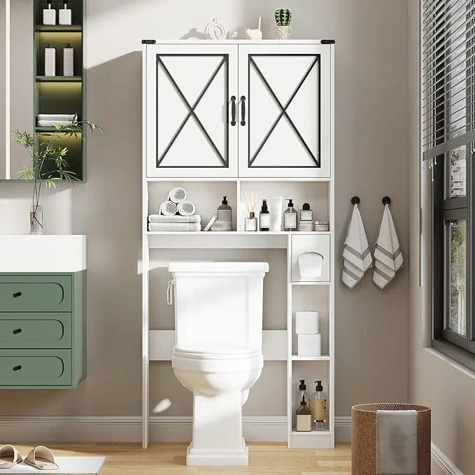 Vabches Over The Toilet Storage Cabinet, Farmhouse Bathroom Cabinet Over Toilet with Paper Holder, Rustic Bathroom Storage Organizer with Doors, White - ModernBath