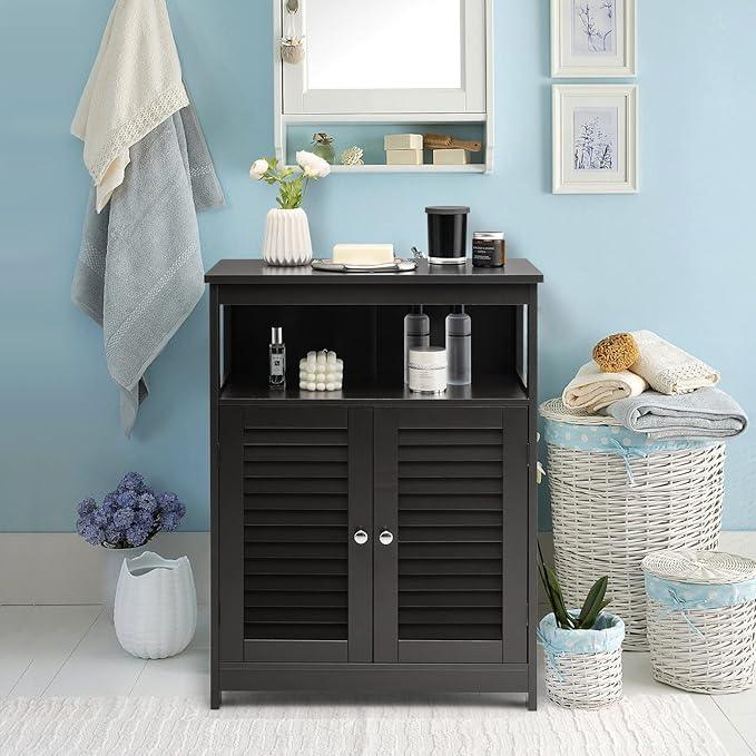 Tangkula Bathroom Floor Cabinet, Wooden Freestanding Storage Cabinet with Double Shutter Door & Adjustable Shelf, Storage Cabinet for Bathroom Living Room (Black) - ModernBath