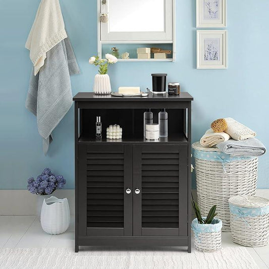Tangkula Bathroom Floor Cabinet, Wooden Freestanding Storage Cabinet with Double Shutter Door & Adjustable Shelf, Storage Cabinet for Bathroom Living Room (Black) - ModernBath