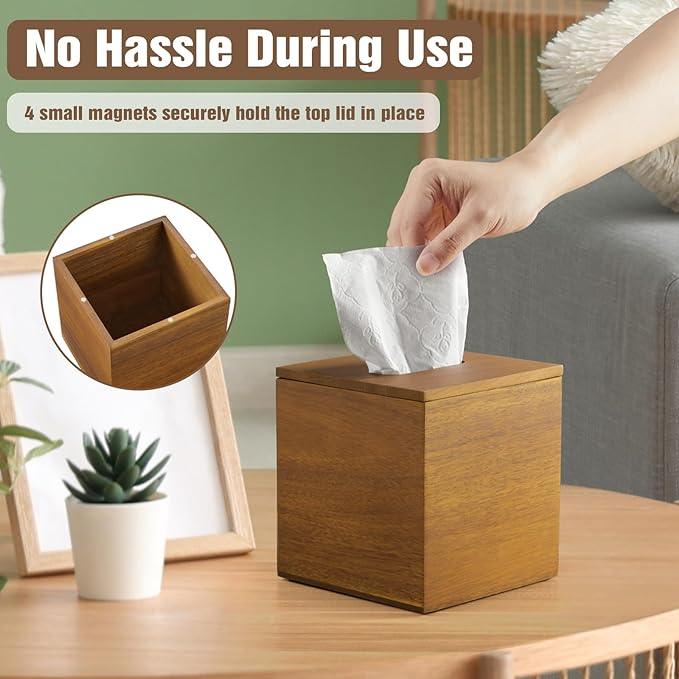 Dreamkey Acacia Wood Tissue Box Cover, Square Tissue Box Holder with Removable Top Lid, Solid Wooden Tissue Box Dispenser for Bathroom, Bedroom, Office - ModernBath