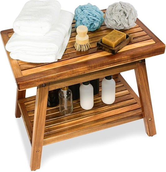 Shower Stool Bench Chair Waterproof with Storage Shelf for Shaving Legs, Spa, Bath Seat, Inside Shower Bench for Adults Seniors Elderly, Outdoor Side Table, Patio, Pool, End Table (23.5 Inches)