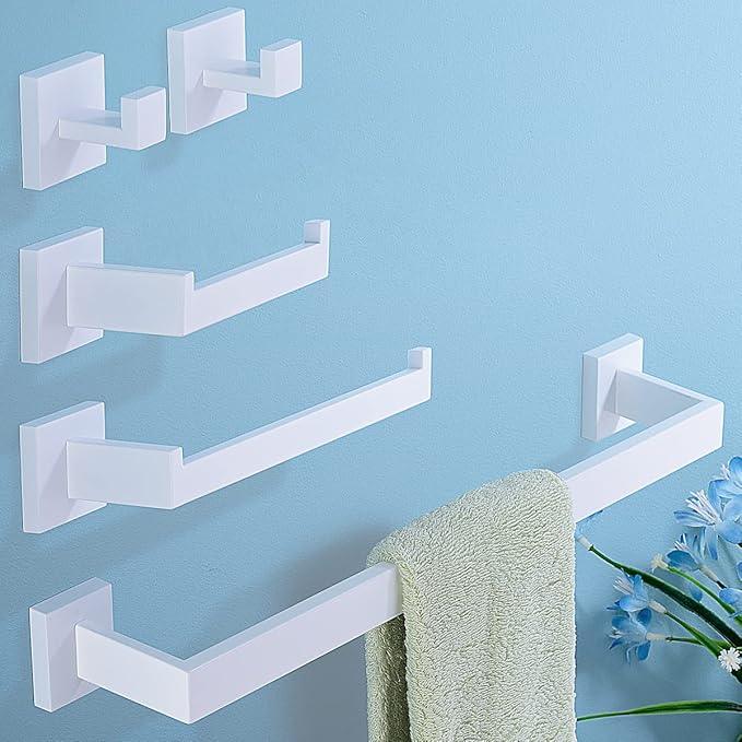 TRUSTMI Bathroom Hardware Accessories Set 5-Piece Square Towel Bar Assembly Stainless Steel Wall Mounted, White - ModernBath