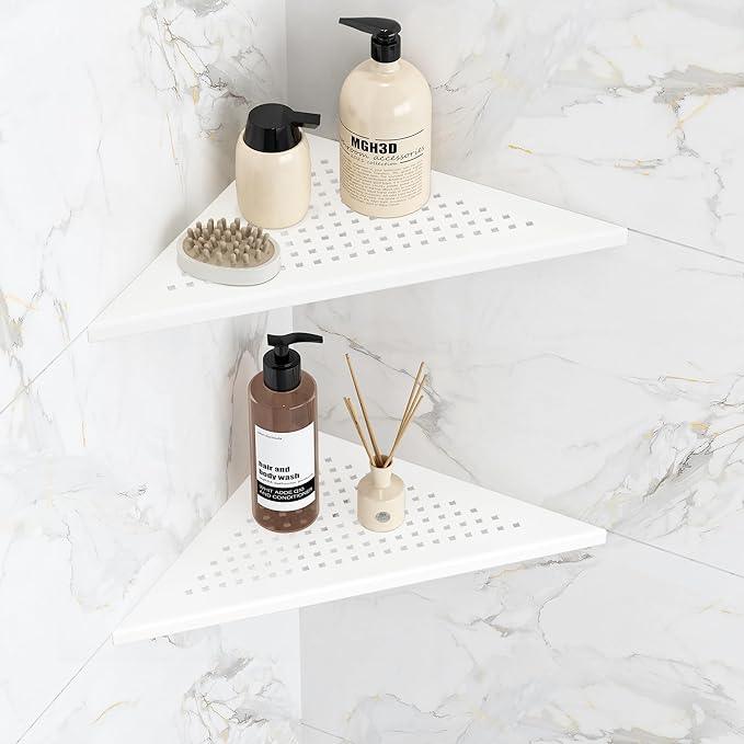 Corner Shower Shelves, 10” Recessed Tile Shower Shelf Matte White, 304 Stainless Steel Grout in Corner Tile Shower Shelves, No Drilling, 2 Pack - ModernBath
