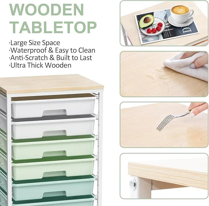 Rolling Storage Utility Cart Organizers with 8 Drawers and Wooden Tabletop for Living Room,Office,Classroom,Craft Room,Bedroom,Dorm,Green - ModernBath