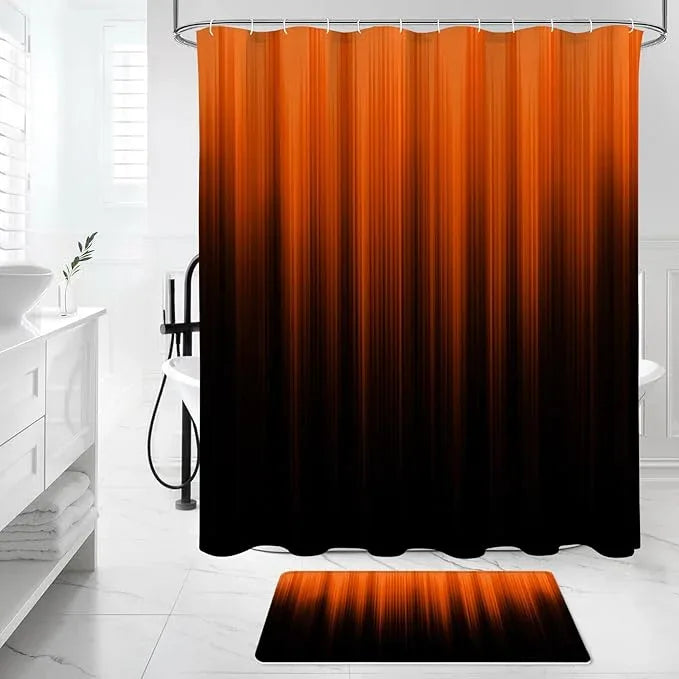 Litabel 4 Pcs Orange and Black Gradient Shower Curtain Set with Rugs and Toilet Lid Cover, Modern Simple Waterproof Fabric Bathroom Set, Ombre Stripe Gothic Abstract Bathroom Decor Set Accessories - ModernBath