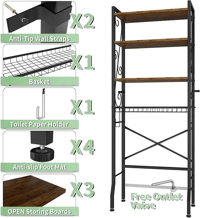 Over-The-Toilet Storage Rack 4-Tier,Bathroom Organizer Shelf Over Toilet,Adjustable Wooden Shelves and Basket,Freestanding Above Toilet Shelf,Space Saver for Rooms(Black Rack-Rustic Brown Shelves) - ModernBath