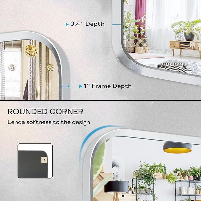 Minuover Wall Mount Mirror for Bathroom, Brushed Silver Metal Framed Rounded Corner Square Rectangular Vanity Mirror (24" x 30", Silver) - ModernBath