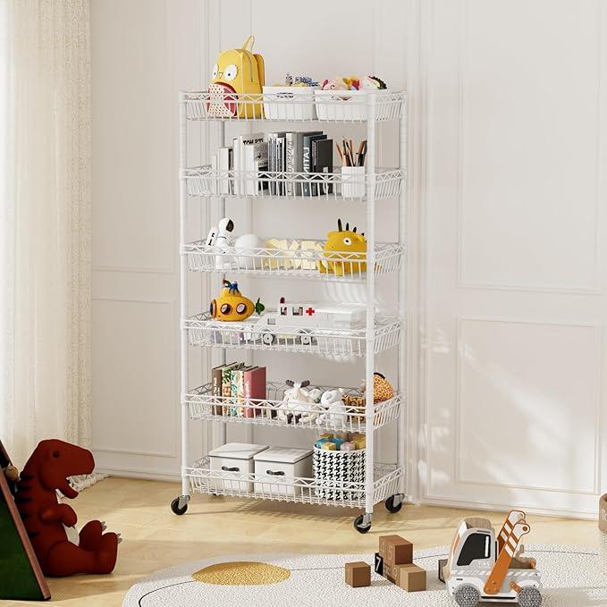 6 Shelves Storage Shelf Wire Closet Bathroom Organizers Metal Pantry Kitchen Garage Shelving Unit Laundry Room Organization Home Rack Net Basket White with Wheels 30" Dx14 Wx65 H - ModernBath