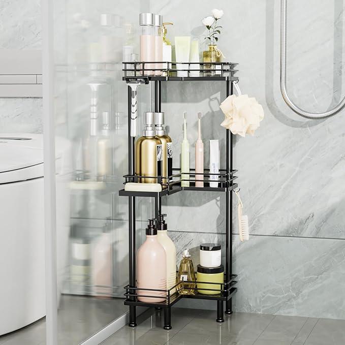 Consumest Corner Shower Caddy Standing - 3-Tier Stainless Steel Shower Organizer with Soap Holder and 4 Hooks, Large Capacity Corner Shelf Stand for Bathroom, Rest Room, Black - ModernBath