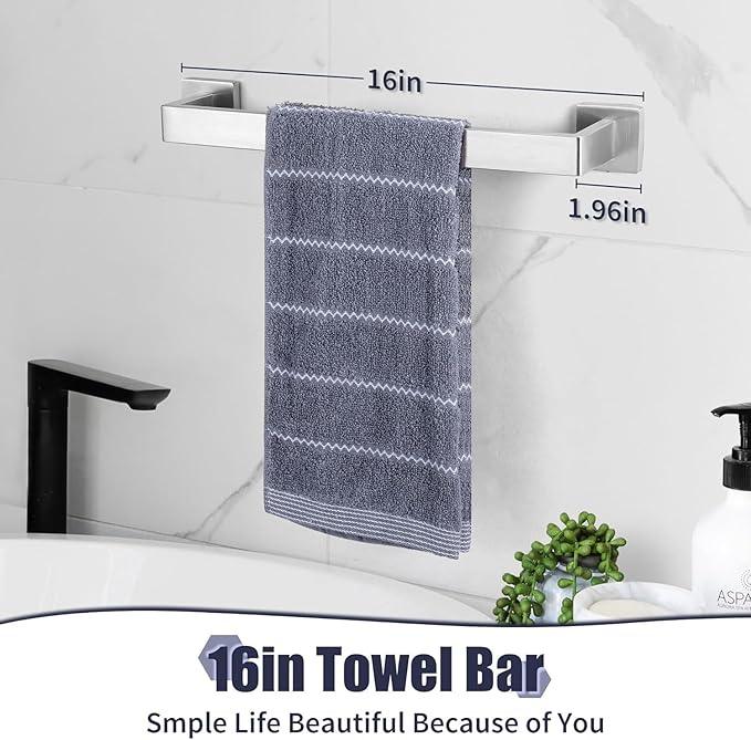 Bathroom Accessories Towel Bar Set: 15 Pieces Brushed Nickel Square Bathroom Hardware SUS304 Stainless Steel - Wall Mounted Towel Rack&Toilet Paper Holder&Towel Ring and Towel Hook - ModernBath