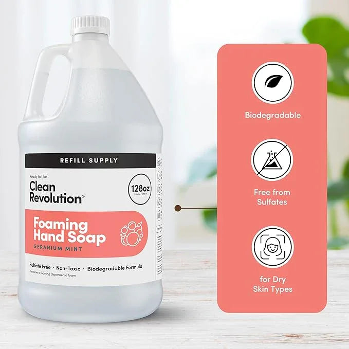 Clean Revolution Foaming Hand Soap, Gentle, Moisturizing, Ready To Use Formula, Real Essential Oils, Gluten Free, Geranium Mint, 128 Fl Oz - ModernBath