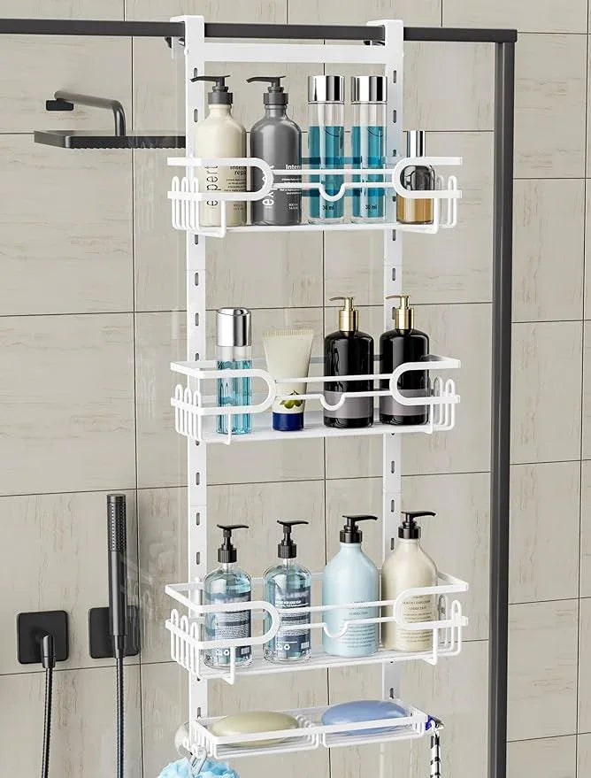 Consumest Over The Door Shower Caddy - 4 Tier Adjustable Hanging Shower Organizer Shelf with 2 Soap Holders & 22 Hooks, Rustproof Easy Installation Hanging Storage Rack for Bathroom, White - ModernBath