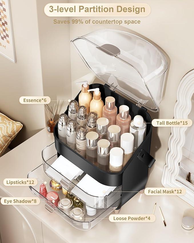 Makeup Organizer Countertop, Skincare Holder Bathroom Counter Organizer, Storage Box Cosmetic Display Cases, Teen Girl Gifts Make up Organizers for Vanity, Dresser (Black) - ModernBath