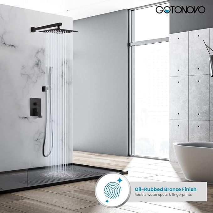 gotonovo Rainfall Bathroom Shower System Rain Shower Head and Handle Set Wall Mounted Shower Complete Combo Solid Brass Pressure Balancing Shower Mixer Valve 12 Inch Oil Rubbed Bronze - ModernBath