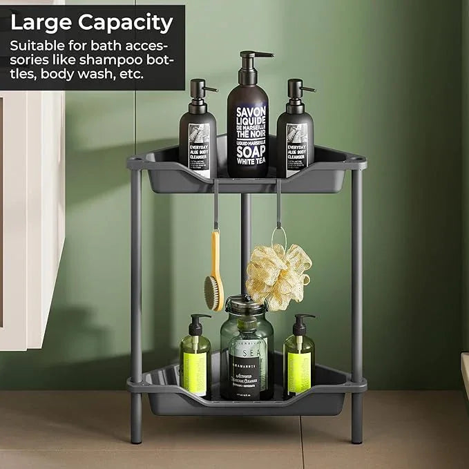ODesign 2 Tier Floor Standing Corner Shower Caddy Organizer Plastic Metal Splicing Shelf Storage Rack for Bathroom Grey - Rustproof - ModernBath