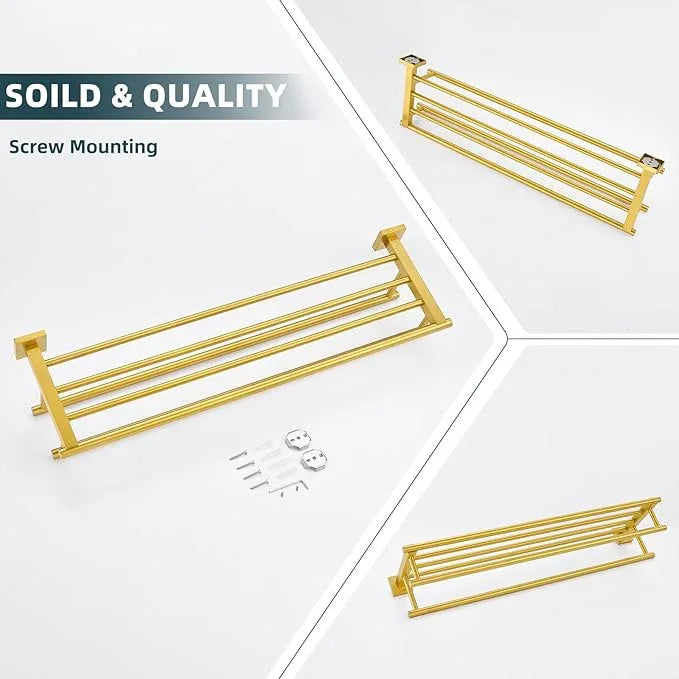 Angle Simple Towel Rack for Bathroom, SUS 304 Stainless Steel Hand Towel Holder with Shelf, Brushed Gold, 27.56 Inches - ModernBath