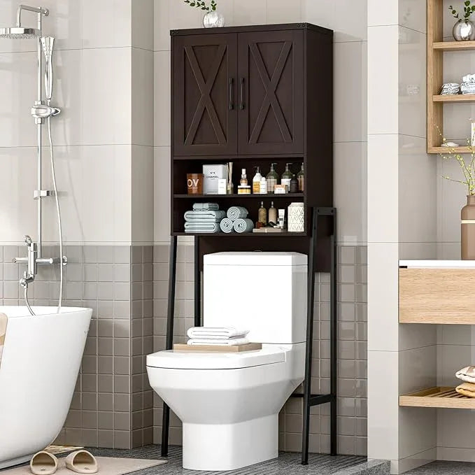 Vabches Over The Toilet Storage Cabinet, Farmhouse Over Toilet Storage Cabinet, Metal Frame with Barn Doors, Home Space-Saving Toilet Rack for Bathroom, Toilet, Laundry Room - ModernBath