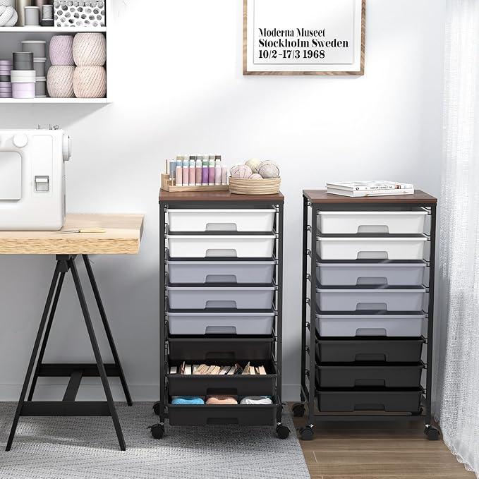 Rolling Cart with Drawers,Utility Cart With 8 Drawers and Wooden Tabletop for Living Room,Classroom,Bedroom,Bathroom,Dorm,Office,Dark Grey - ModernBath