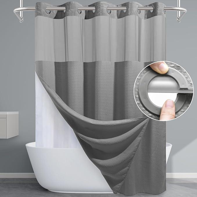 EUTXL Grey Shower Curtain and Liner Set - 230GSM Waffle Weave Textured Heavy Duty,Hotel Luxury Weighted Bath Curtain,71W x 74H - ModernBath
