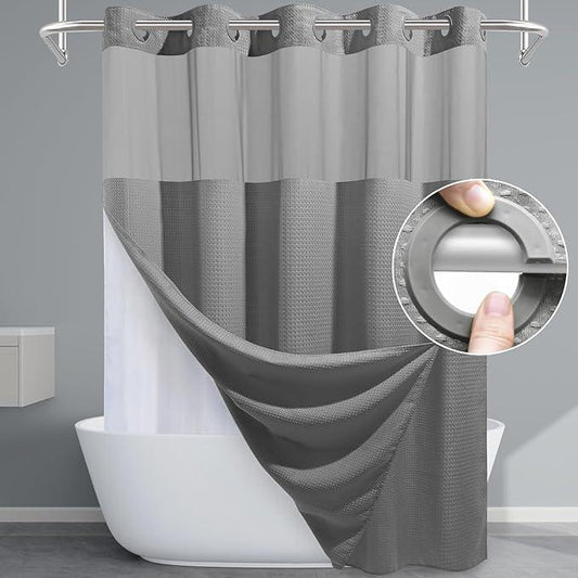 EUTXL Grey Shower Curtain and Liner Set - 230GSM Waffle Weave Textured Heavy Duty,Hotel Luxury Weighted Bath Curtain,71W x 74H - ModernBath