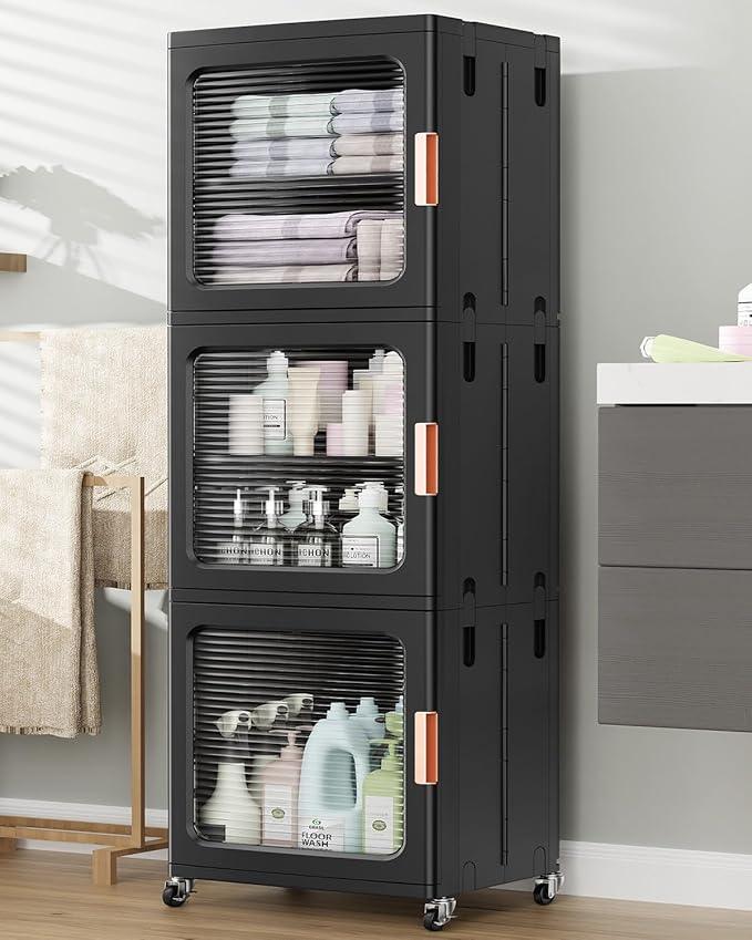 BROVIEW 3-Tier Tall Narrow Storage Cabinet 14.6” Wide, Slim Bathroom Cabinets with Adjustable Shelves and Doors, Plastic Kitchen Pantry Organizers and Storages for Small Space, Laundry, Black - ModernBath