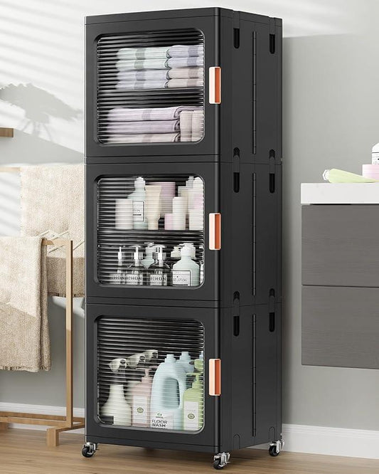 BROVIEW 3-Tier Tall Narrow Storage Cabinet 14.6” Wide, Slim Bathroom Cabinets with Adjustable Shelves and Doors, Plastic Kitchen Pantry Organizers and Storages for Small Space, Laundry, Black - ModernBath