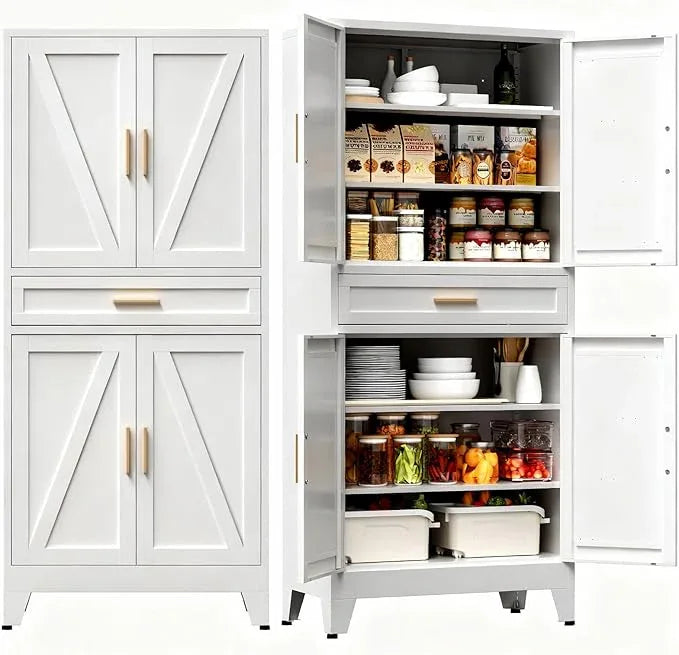 COFaR 71" Tall Kitchen Pantry, Farmhouse Storage Cabinet with Doors and Shelves, Metal Cabinet with Drawers and Legs, for Cupboard/Dining Room/Bathroom/Living Room/Office/Laundry Room (White). - ModernBath