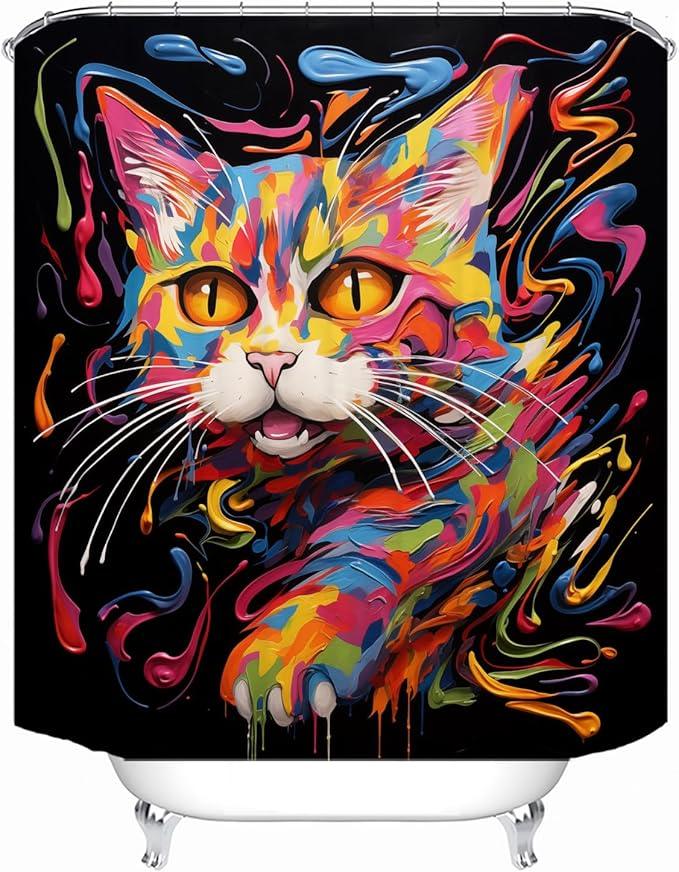 LYFANS Bathroom Using Colorful Oil Painting Cat 3D Shower Curtains, Luxury Bathtub Standard Shower Curtain, Waterproof and Bright Fabric Shower Curtain， Size (72x72 Inches) - ModernBath