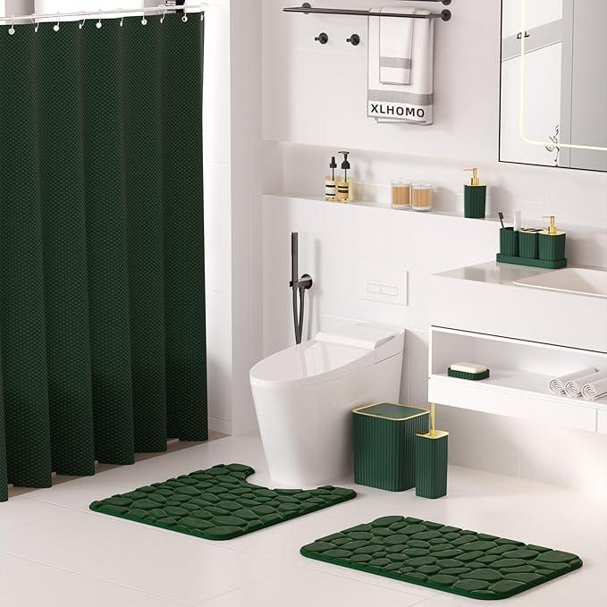 XLHOMO Bathroom Accessory Set - 25PC Green Bathroom Sets, Bathroom Set with Shower Curtain and Rugs, Dark Green Shower Curtain Set, Trash Can, Qtip Holder Dispenser & Soap Dispenser - ModernBath