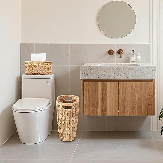 Wicker Trash Can & Tissue Box Cover Rectangular, Handwoven Waterproof Waste Basket with Handles, Rattan Wicker Home Set for Bedroom, Bathroom, Kitchen, Office, Balcony (Rectangular Tissue Box) - ModernBath