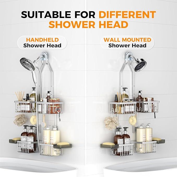 REINHARDT Aluminum Shower Caddy Hanging Adjustable Shower Caddy, Rustproof Hanging Shower Organizer with Hooks Soap Holders, Over Shower Head Caddy for Handheld Showerhead, Silver - ModernBath