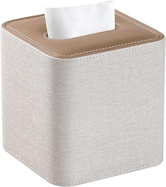 Cretkhp Square Linen Tissue Box Cover with Magnetic Closure, Modern PU Leather Tissue Box Holder for Bathroom Vanity Countertop Night Stands Bedroom Office Desk, Stylish Cube Tissue Holder (Linen) - ModernBath