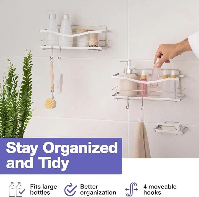 KINCMAX Shower Caddy and Soap Holder, Rustproof SUS304 Stainless Steel, Adhesive Wall Mount Double Baskets 3-pack with Hooks (Polished Silver) - ModernBath