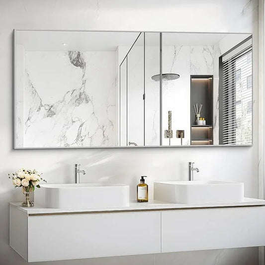 COFENY 30x55In Silver Bathroom Mirror for Wall, Brushed Nickel Rectangle Mirrors with Metal Frame, Bathroom Rectangular Mirror Modern Wall Mirror for Bedroom Living Room, Hangs Horizontal or Vertical - ModernBath