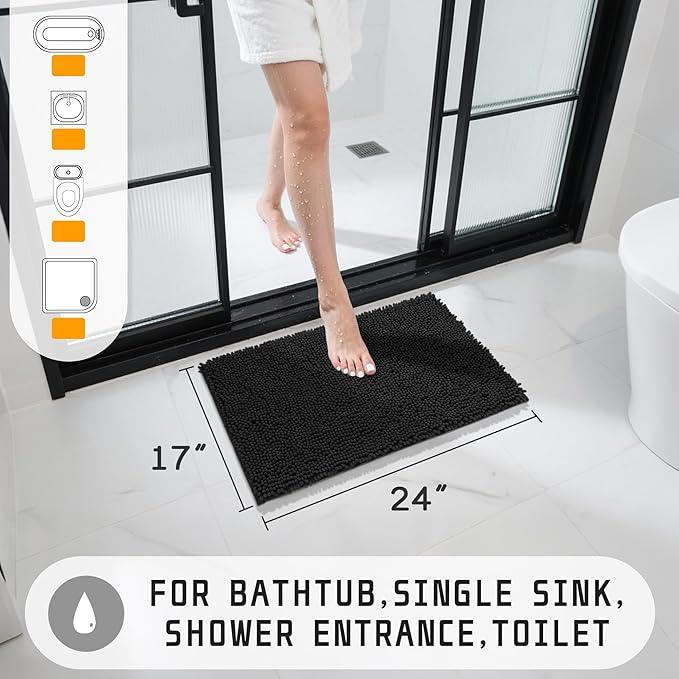 Yimobra Washable Bathroom Rugs, Super Soft & Absorbent Chenille Bath Mat for Floor & Carpet, Quick Dry Non Slip Bath Mat for Tub Shower, 24" x 17",Black - ModernBath
