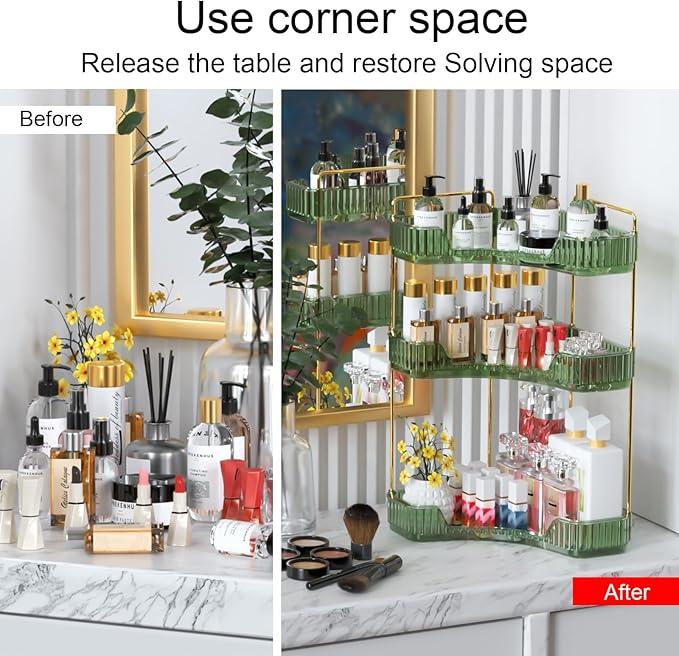 GTI 3-Tier Corner Bathroom Counter Organizer, Large Capacity Makeup Organizer Countertop, Perfume Cosmetics Skincare Vanity Organizers, Exquisite Countertop Storage for Women (Green) - ModernBath