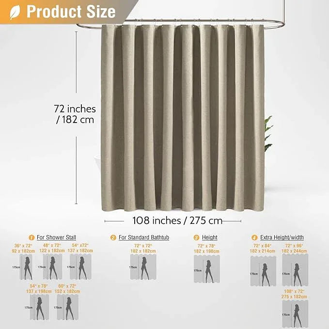 BTTN Extra Wide Shower Curtain - 108 x 72 Inch Linen Textured Waterproof Fabric Shower Curtain Set with 18 Plastic Hooks, Large Modern Farmhouse Cloth Bathtub Shower Curtains for Bathroom - Khaki/Tan - ModernBath