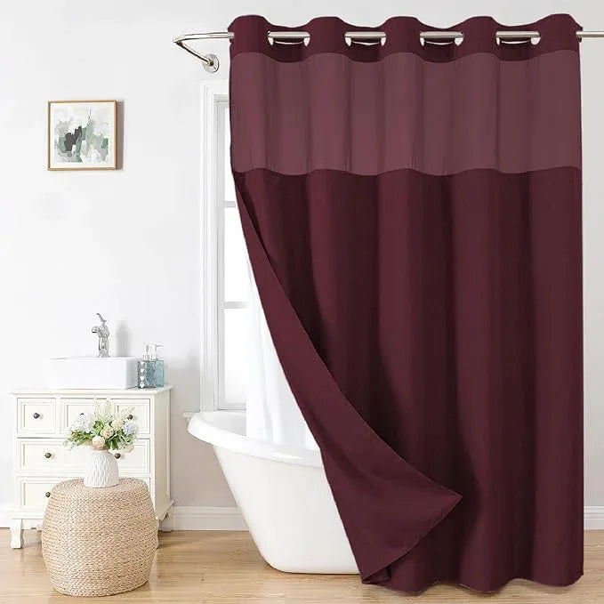 eachope No Hooks Needed Linen Textured Shower Curtain with Snap-in Fabric Liner Set,Hotel Luxury Decor Shower Curtains for Bathroom with Mesh Top Window,Waterproof & Washable,71Wx74H,Burgundy - ModernBath