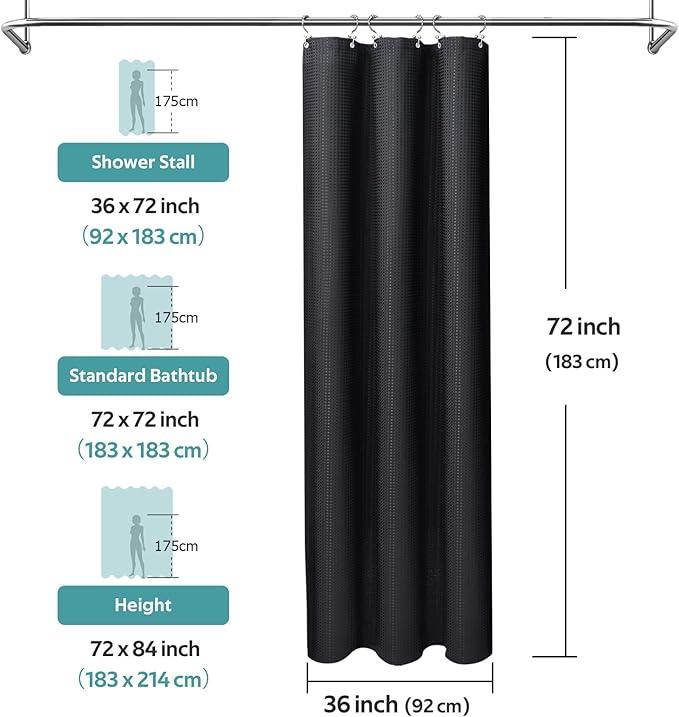 Vipfree 3 in 1 Shower Curtain Set, Waffle Shower Curtain and Liner Set with 6 Double Sided Shower Curtain Hooks, 258GSM Luxury Weighted Cloth Shower Curtains for Bathroom, 36 W x 72 H, Black - ModernBath