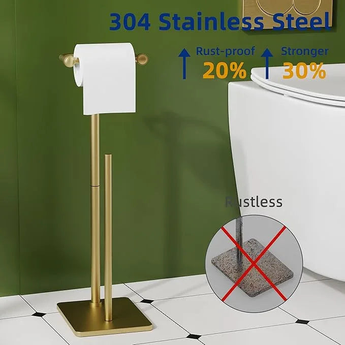 RUACQ Toilet Paper Holder Stand, Bathroom Toilet Paper roll Holder Free Standing with Storage for 4 Rolls, Post Pivoting Design, Stable Weighted Base, SUS304 Stainless Steel (Brushed Gold) - ModernBath